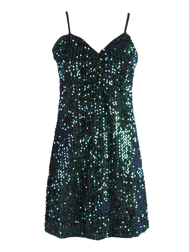 Vestito donna midi in ciniglia con paillettes e spalline sottili - nero