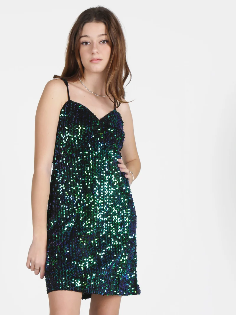 Vestito donna midi in ciniglia con paillettes e spalline sottili - nero