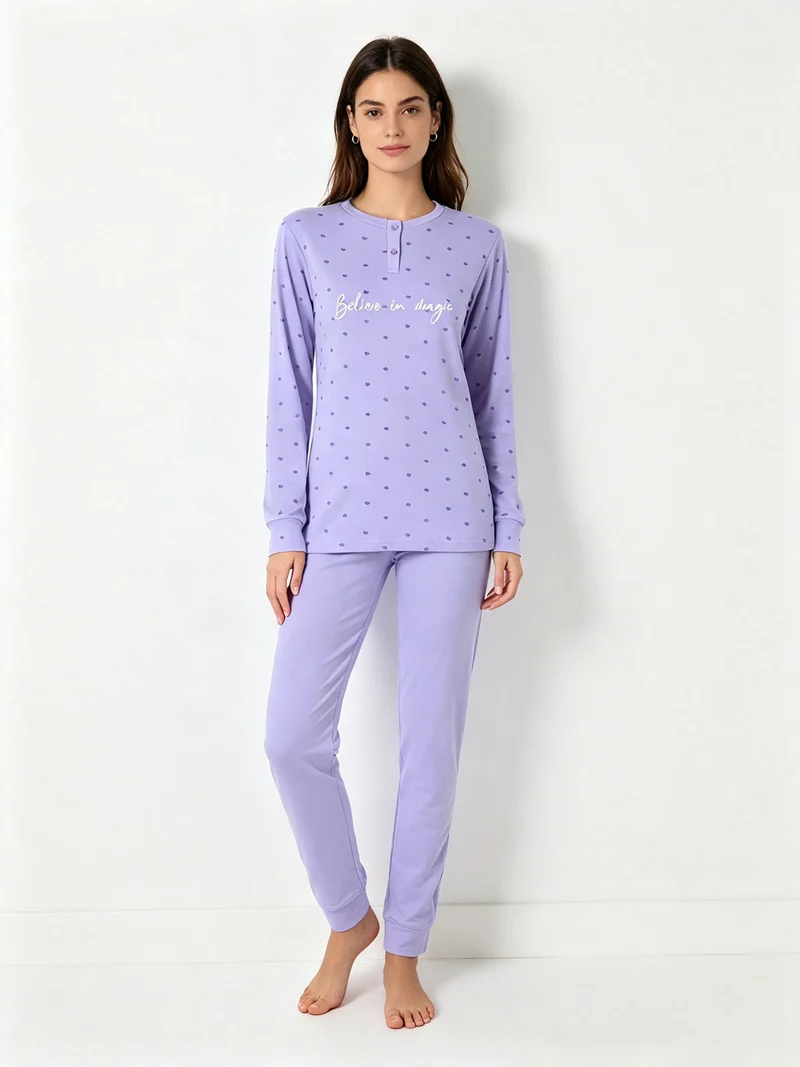Pigiama lungo da donna in cotone interlock con stampa a cuori - lilla