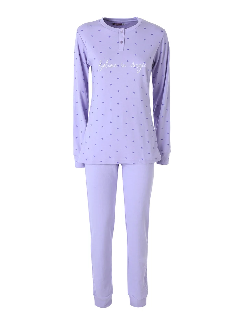 Pigiama lungo da donna in cotone interlock con stampa a cuori - lilla