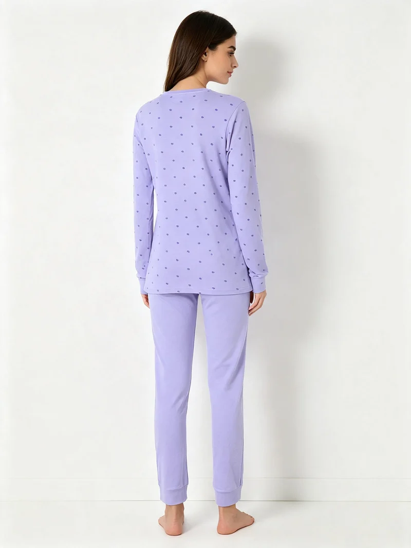 Pigiama lungo da donna in cotone interlock con stampa a cuori - lilla