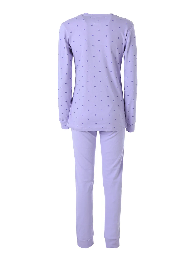 Pigiama lungo da donna in cotone interlock con stampa a cuori - lilla