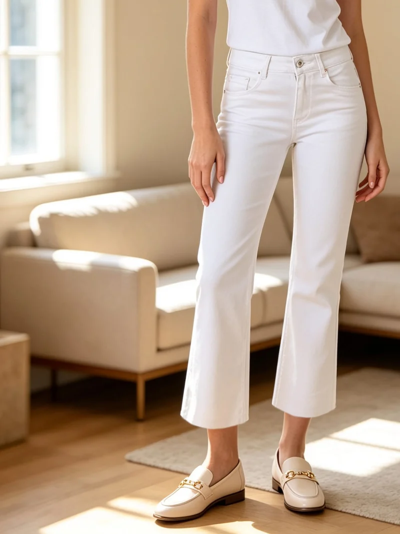 Jeans donna cropped con finale taglio laser - bianco