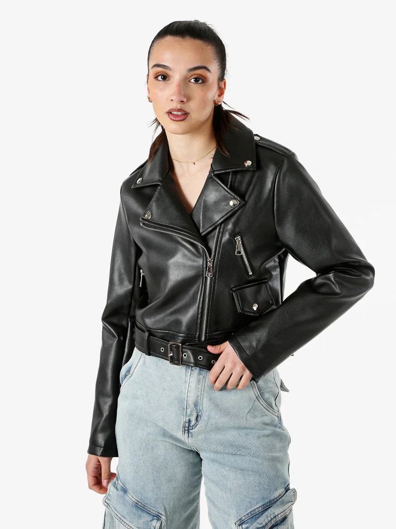 Giacca biker da donna in ecopelle - nero