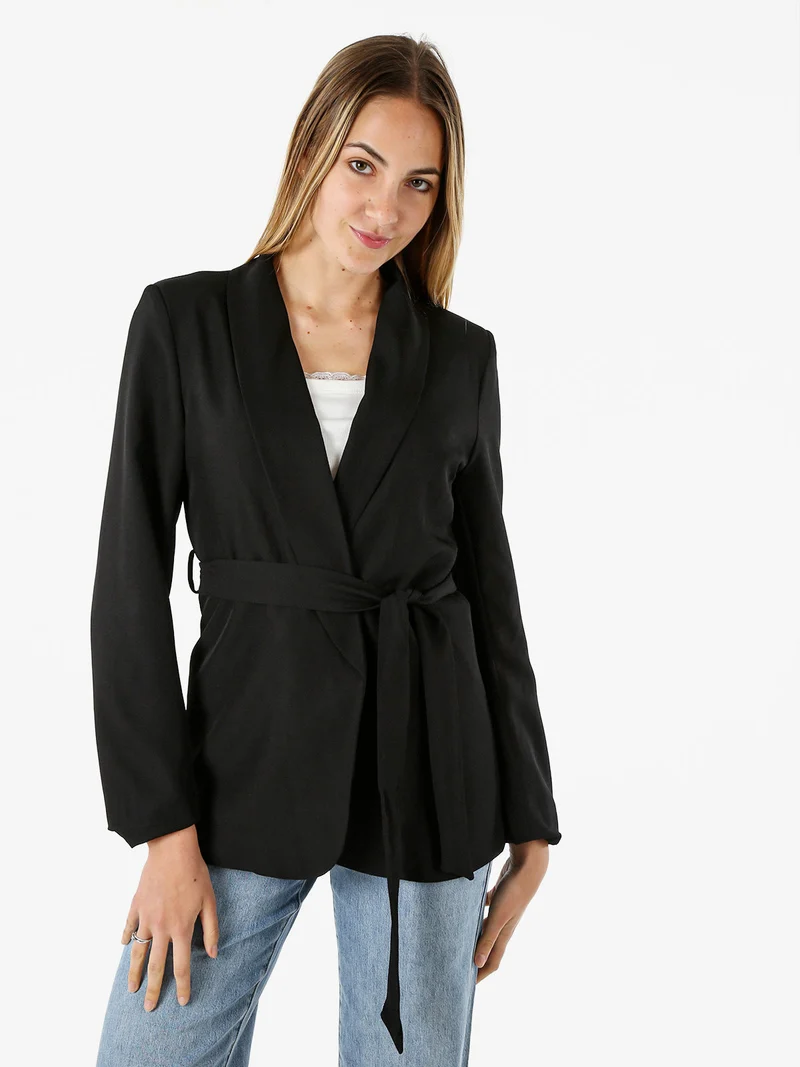 Blazer donna con spalline imbottite e fusciacca in vita - nero