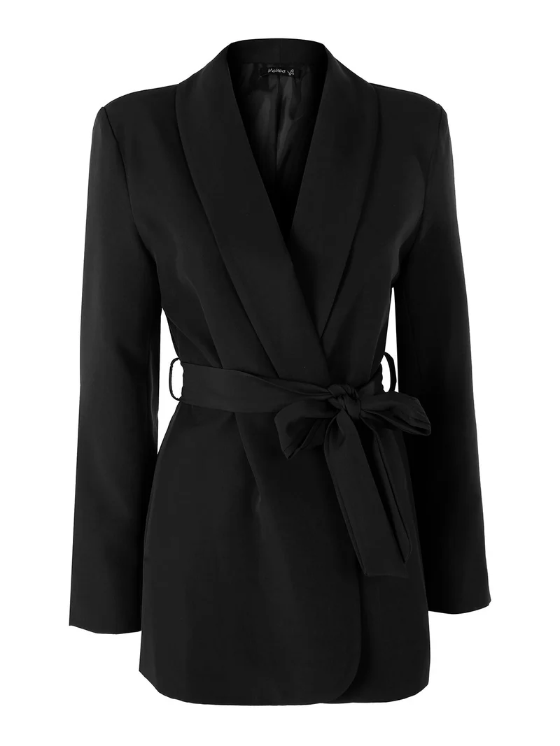 Blazer donna con spalline imbottite e fusciacca in vita - nero