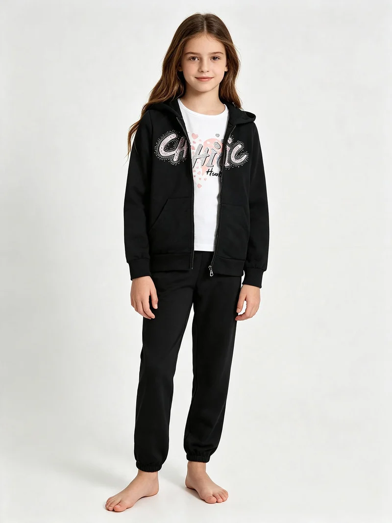 Completo tuta 3 pezzi da bambina con cappuccio e zip - nero