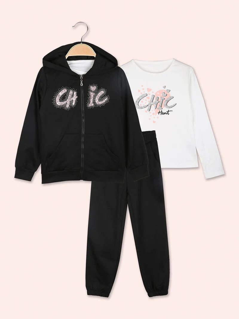Completo tuta 3 pezzi da bambina con cappuccio e zip - nero