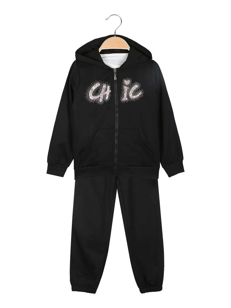 Completo tuta 3 pezzi da bambina con cappuccio e zip - nero