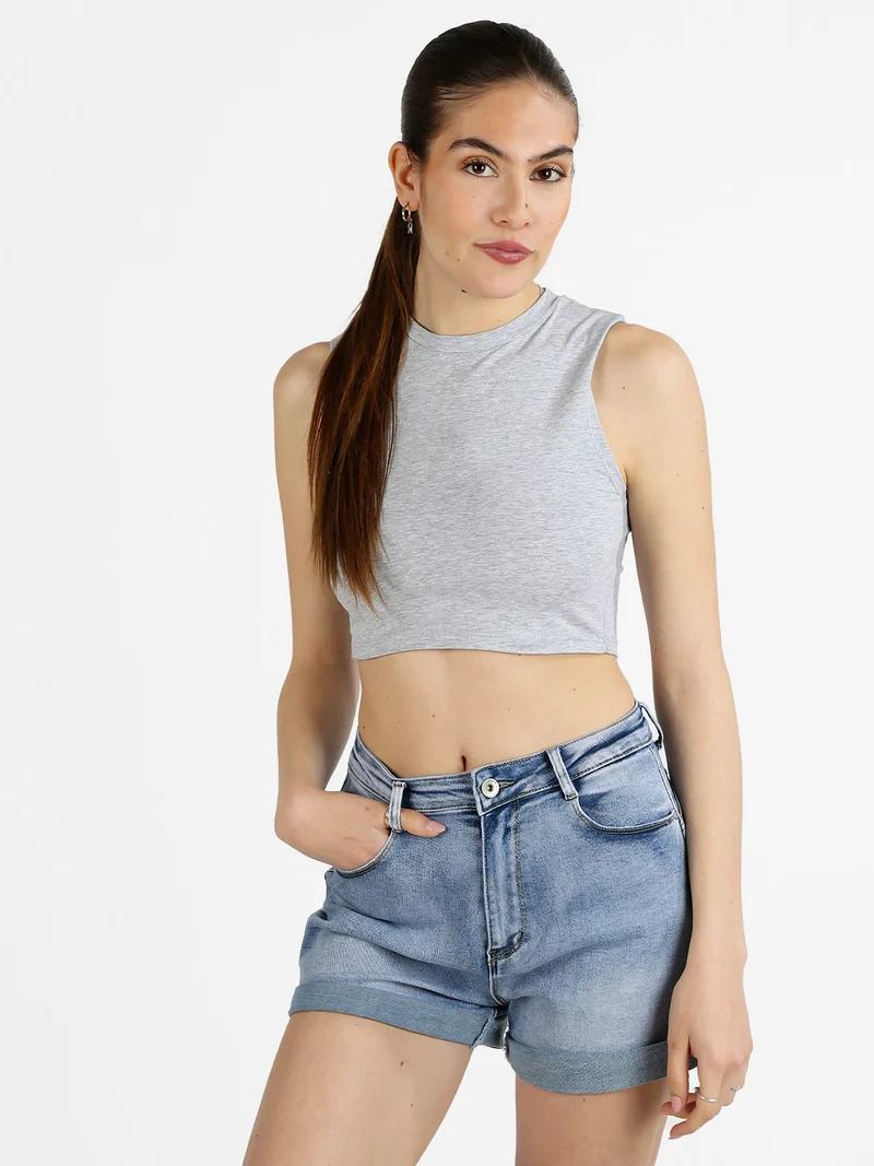 Canotta cropped da donna a spalla larga - grigio