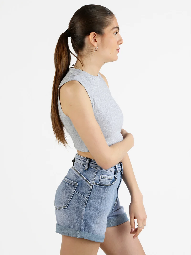 Canotta cropped da donna a spalla larga - grigio