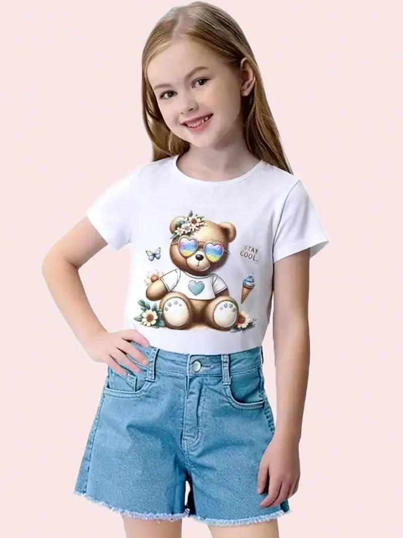 T-shirt da bambina in cotone con stampa disegno e strass - bianco