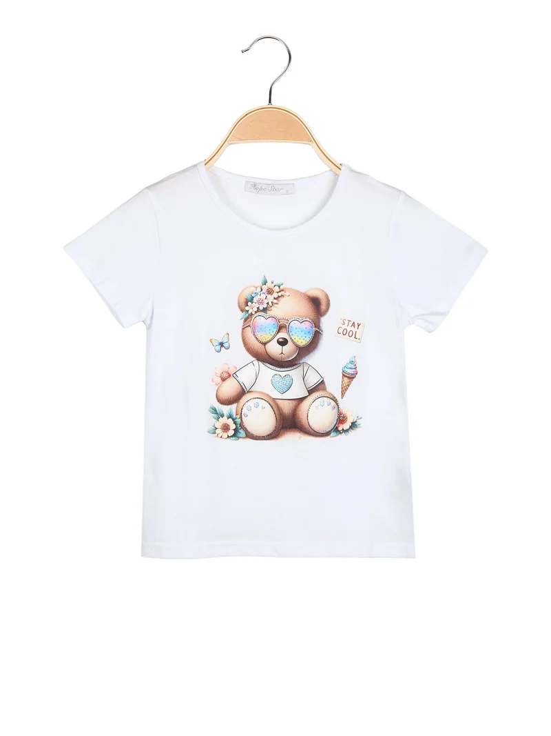 T-shirt da bambina in cotone con stampa disegno e strass - bianco