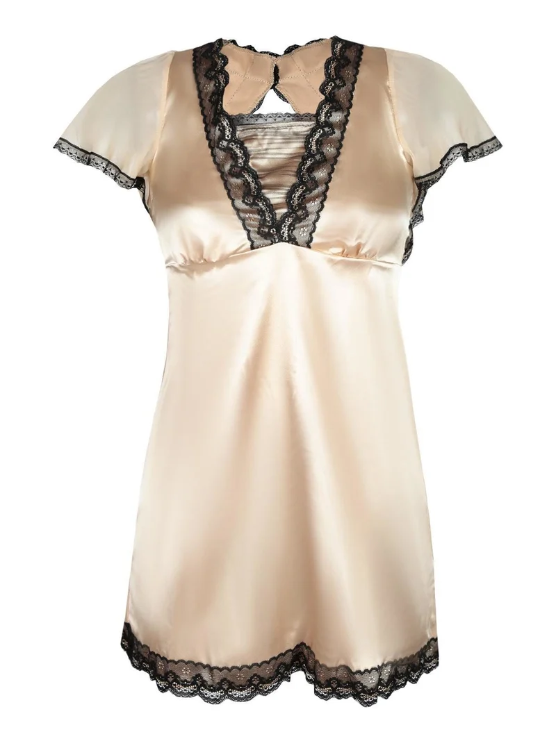 Babydoll in raso con pizzo + perizoma - khaki