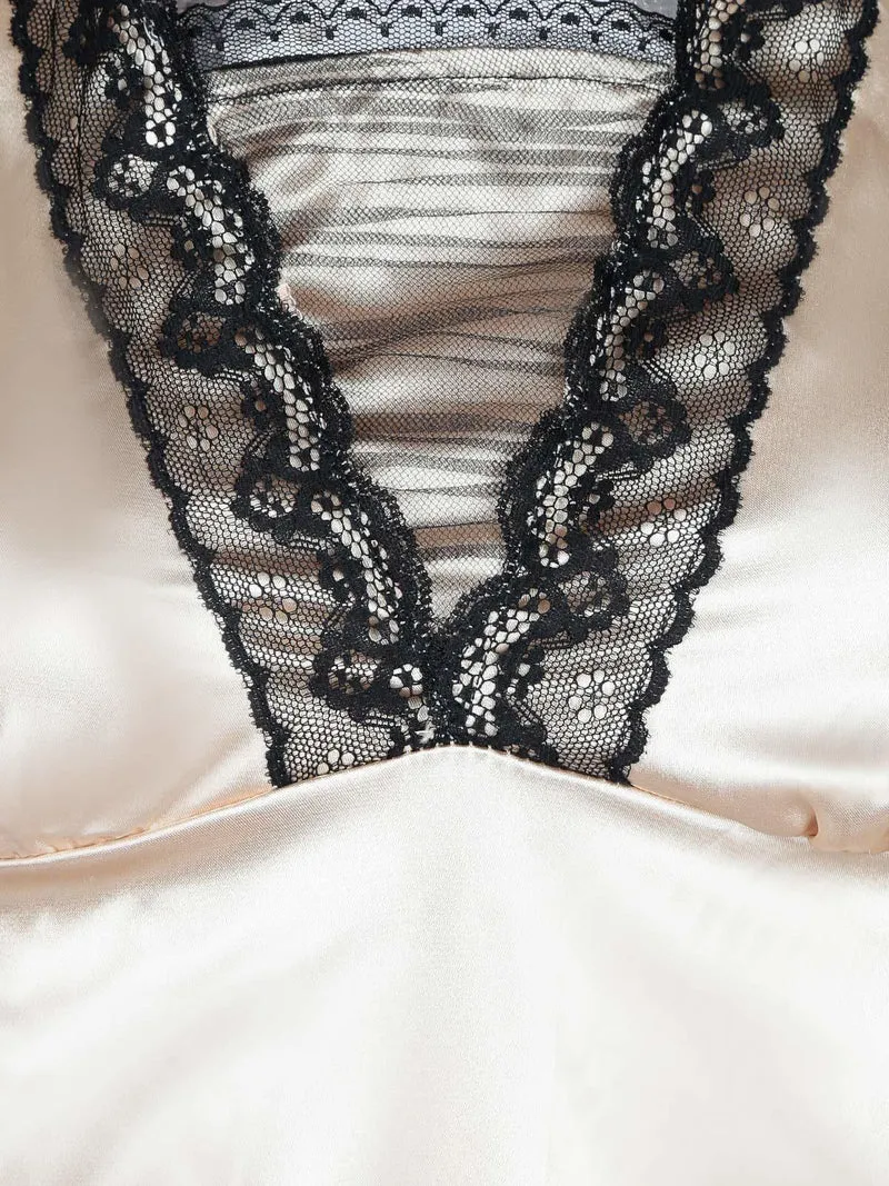 Babydoll in raso con pizzo + perizoma - khaki