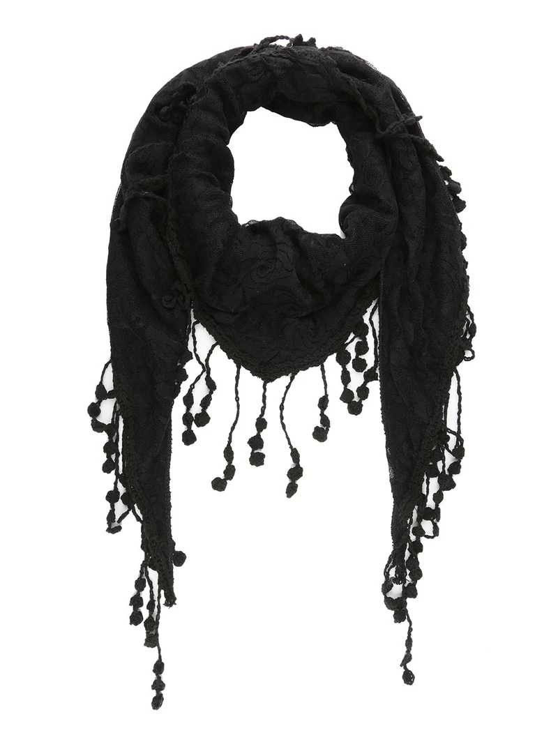 Sciarpa donna con pizzo e nappine - nero