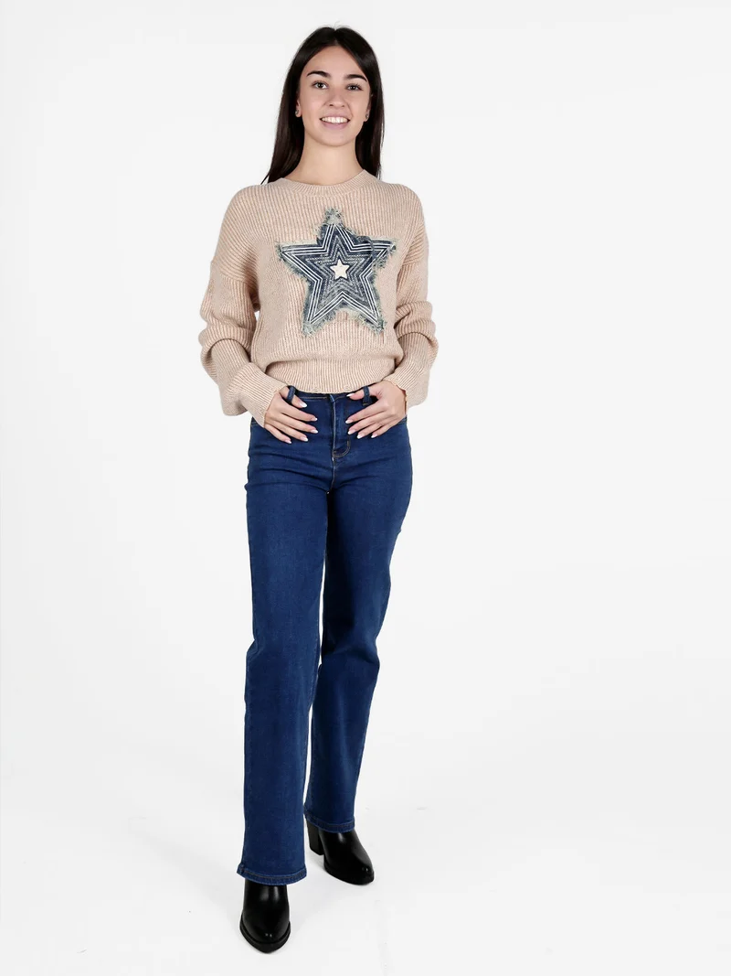 Maglione donna con stella - cammello