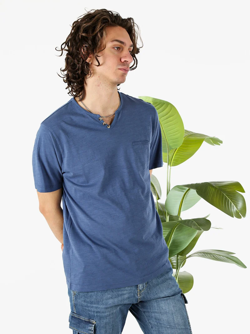 T-shirt da uomo in cotone con scollo V e taschino - blu