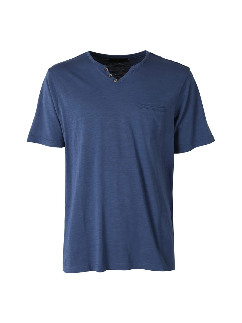 T-shirt da uomo in cotone con scollo V e taschino - blu