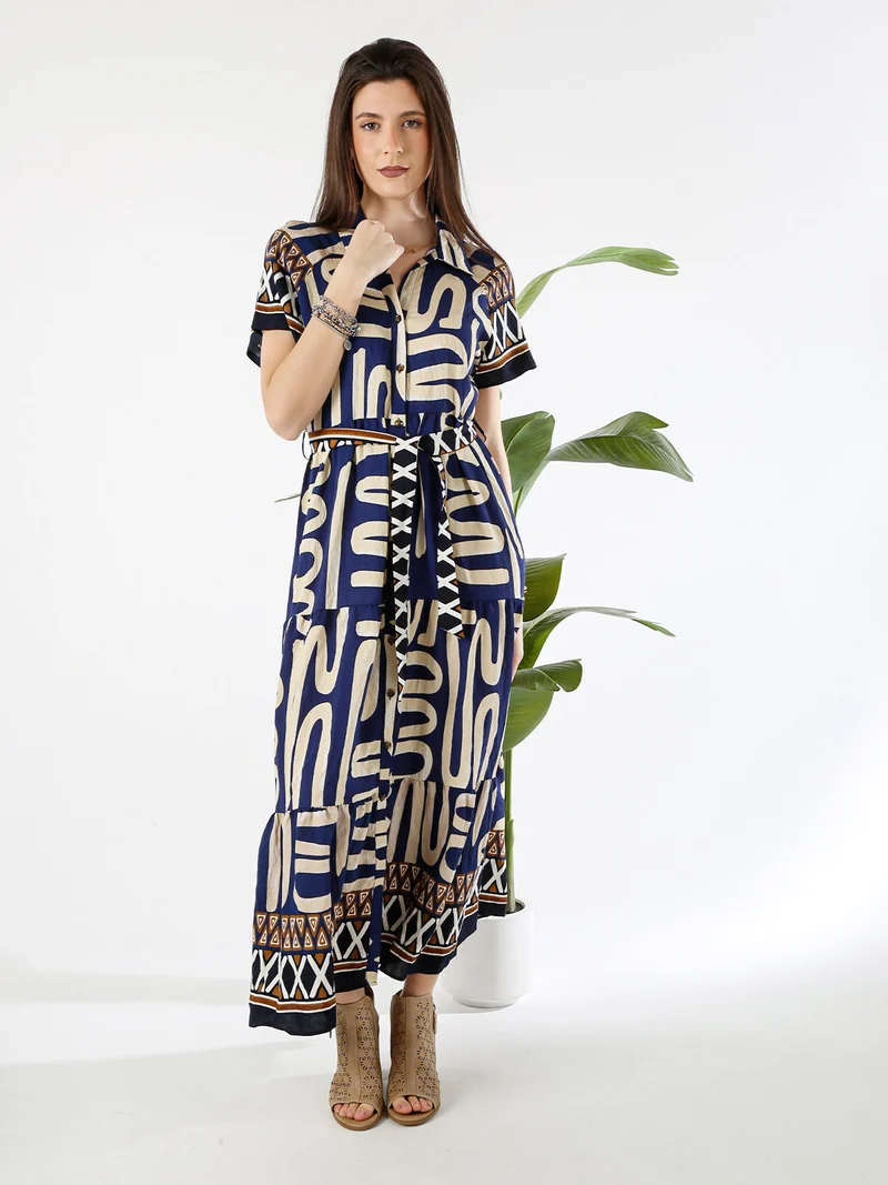 Abito lungo da donna a camicia con maniche corte - blu
