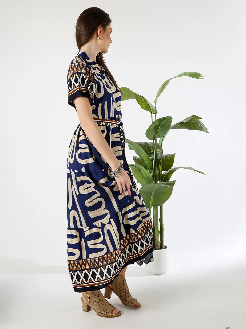 Abito lungo da donna a camicia con maniche corte - blu