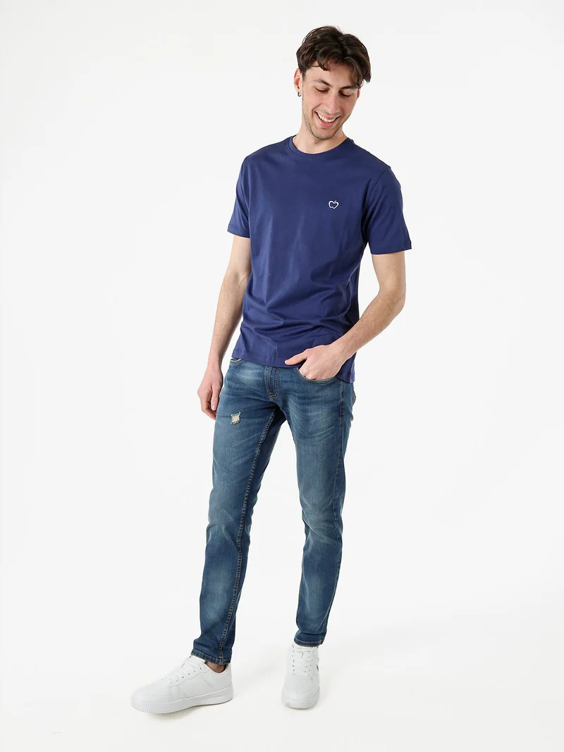 T-shirt girocollo in cotone da uomo con logo - blu