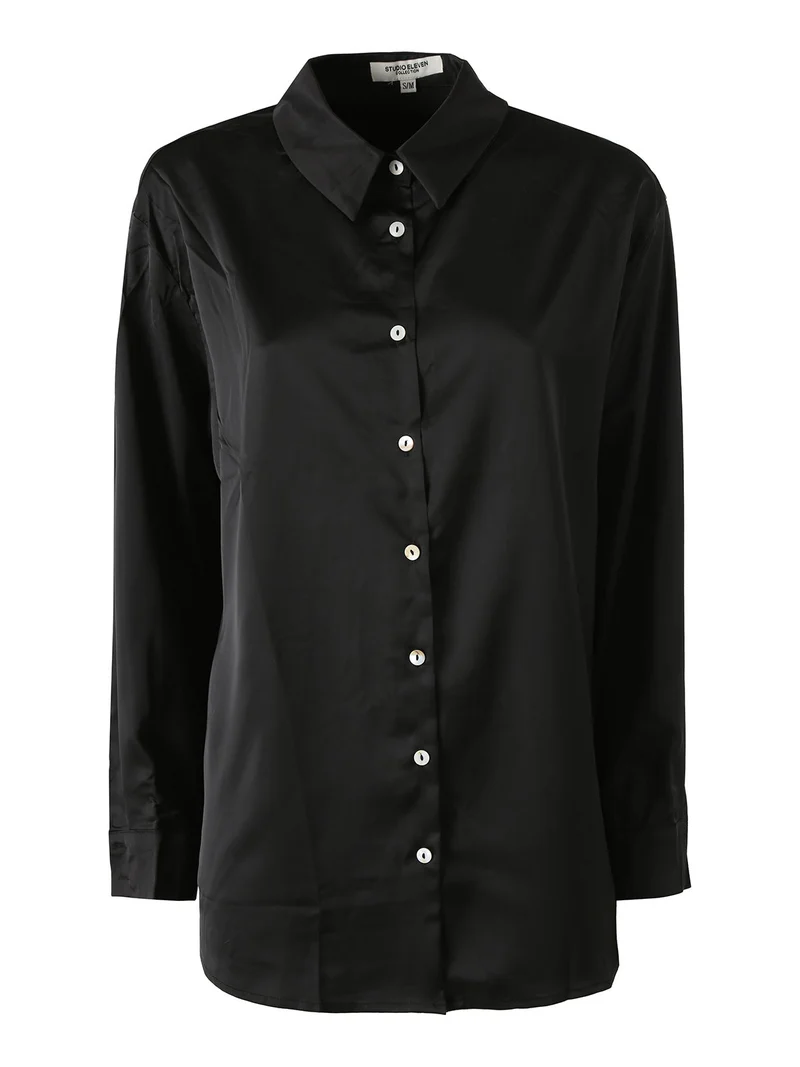 Maxi camicia da donna a maniche lunghe effetto raso - nero