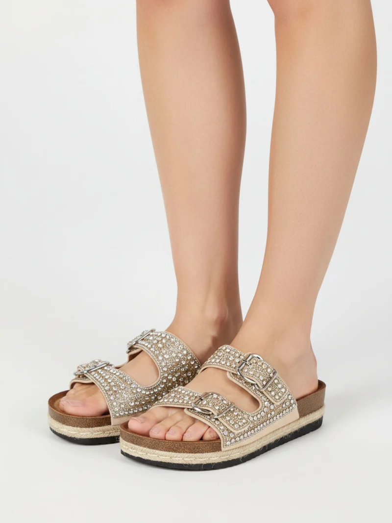 Ciabatte donna gioiello con doppia fibbia e platform - beige
