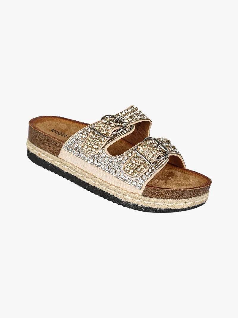 Ciabatte donna gioiello con doppia fibbia e platform - beige