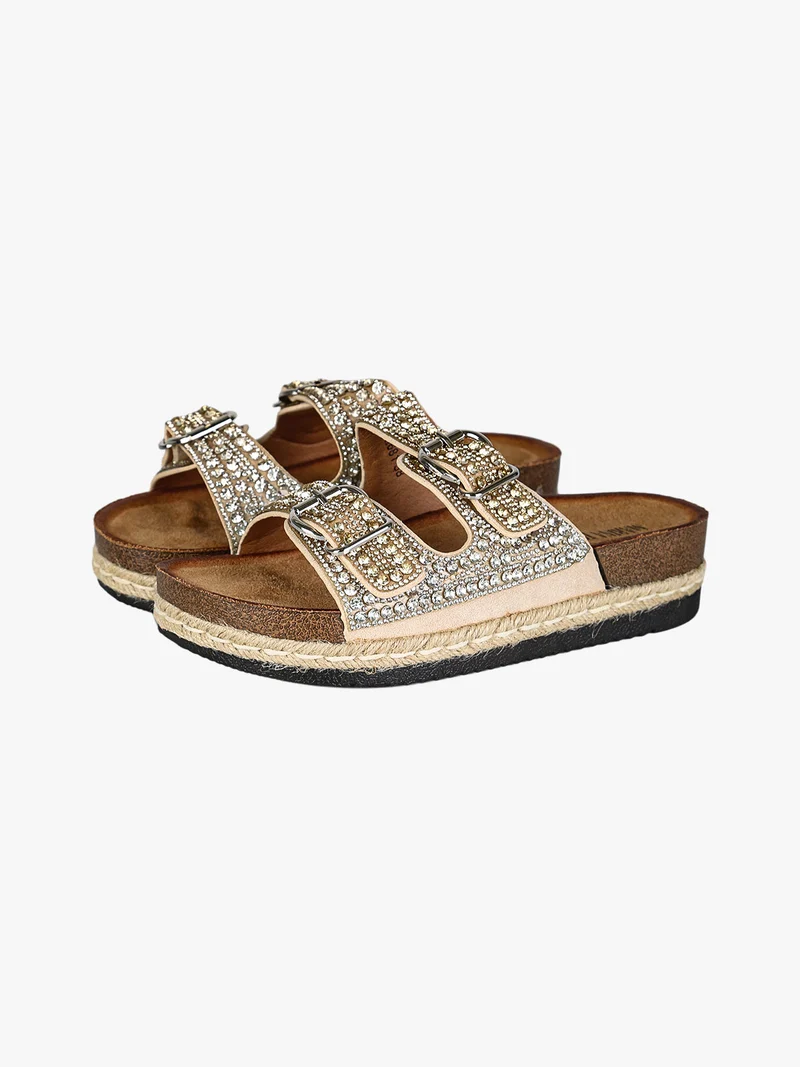 Ciabatte donna gioiello con doppia fibbia e platform - beige