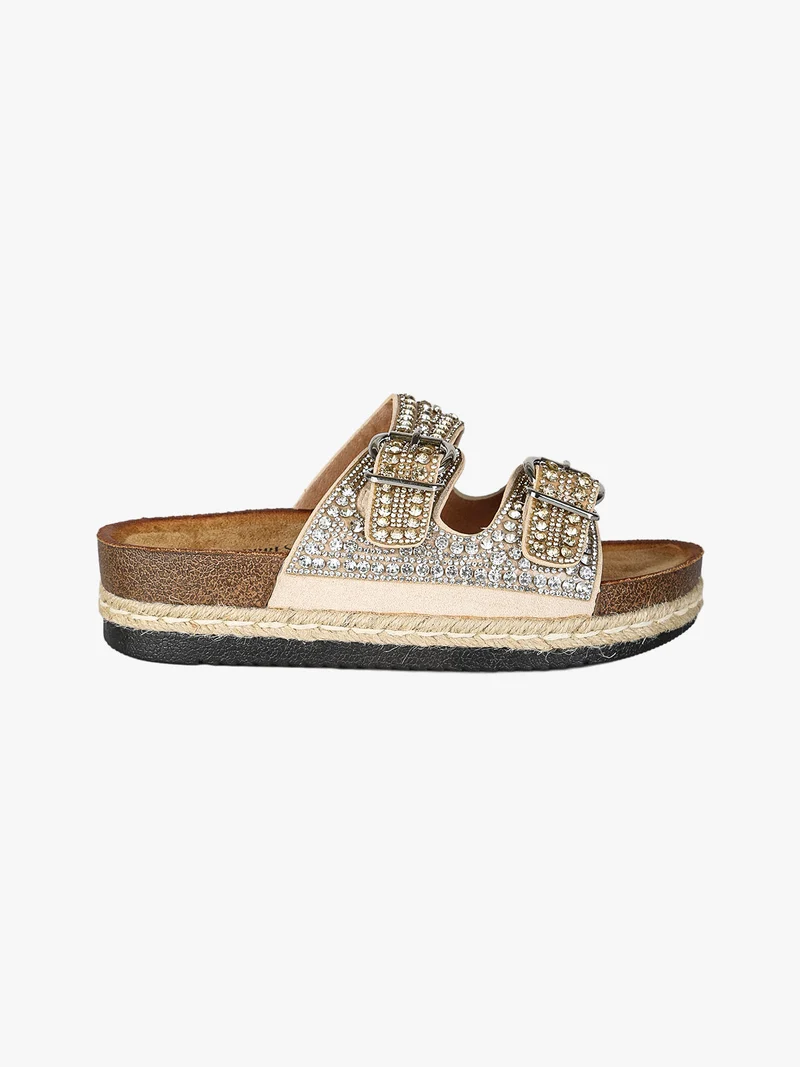 Ciabatte donna gioiello con doppia fibbia e platform - beige