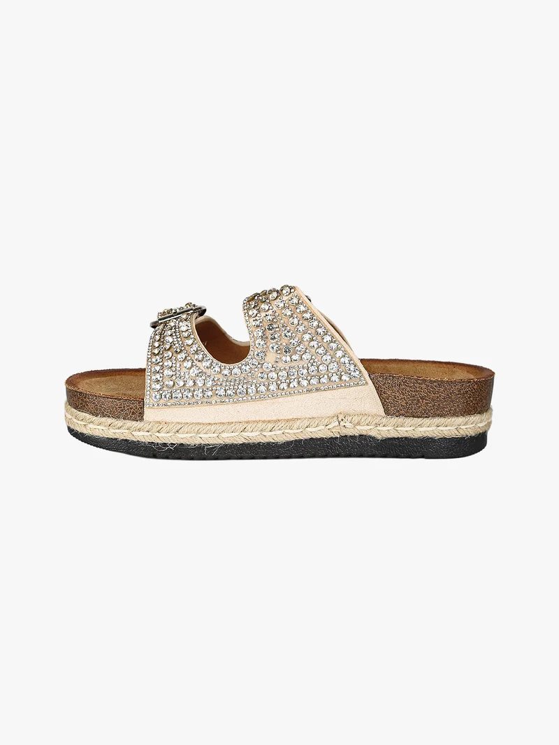 Ciabatte donna gioiello con doppia fibbia e platform - beige