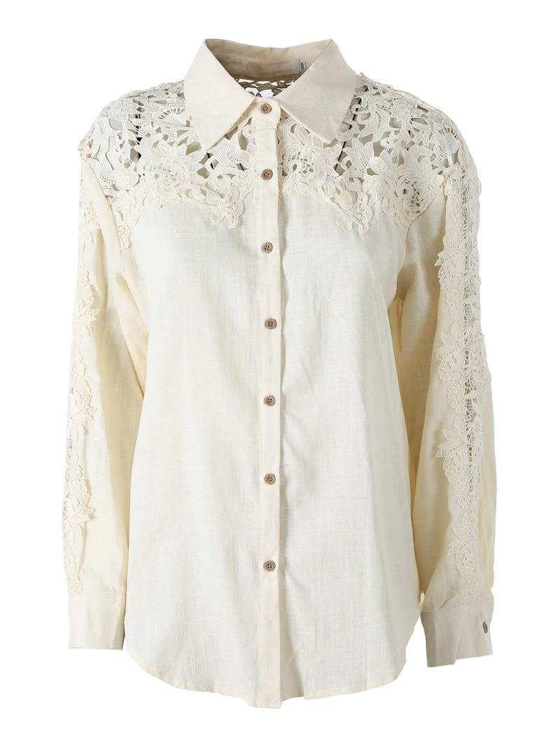 Camicia donna a maniche lunghe con dettagli in pizzo macramè - beige