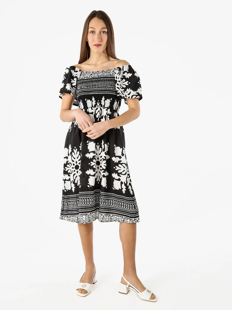 Vestito donna a maniche corte con scollo quadrato e stampe - nero