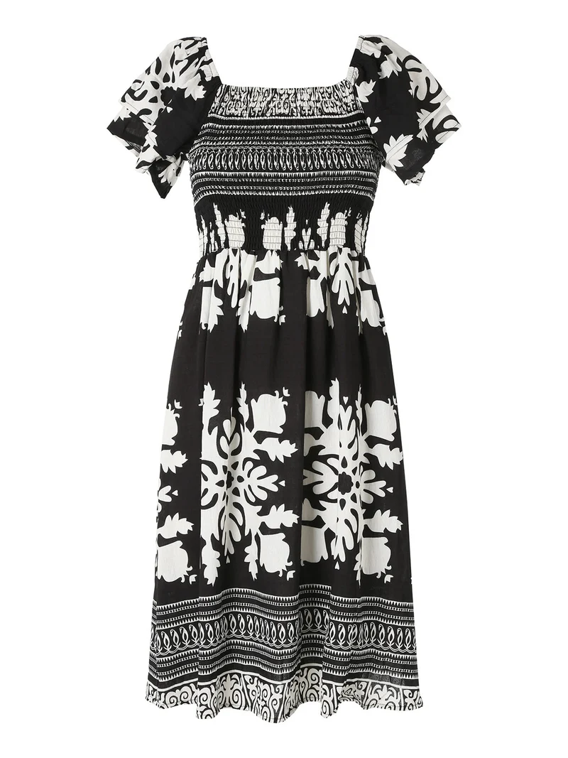 Vestito donna a maniche corte con scollo quadrato e stampe - nero