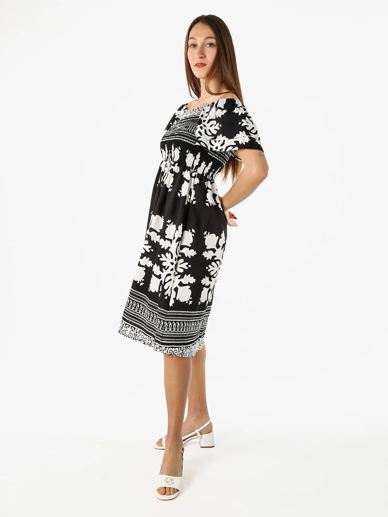 Vestito donna a maniche corte con scollo quadrato e stampe - nero