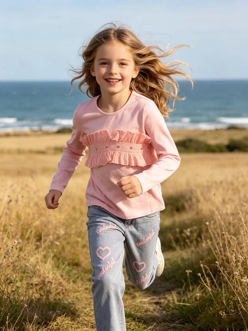 T-shirt da bambina a maniche lunghe con tulle e strass - rosa