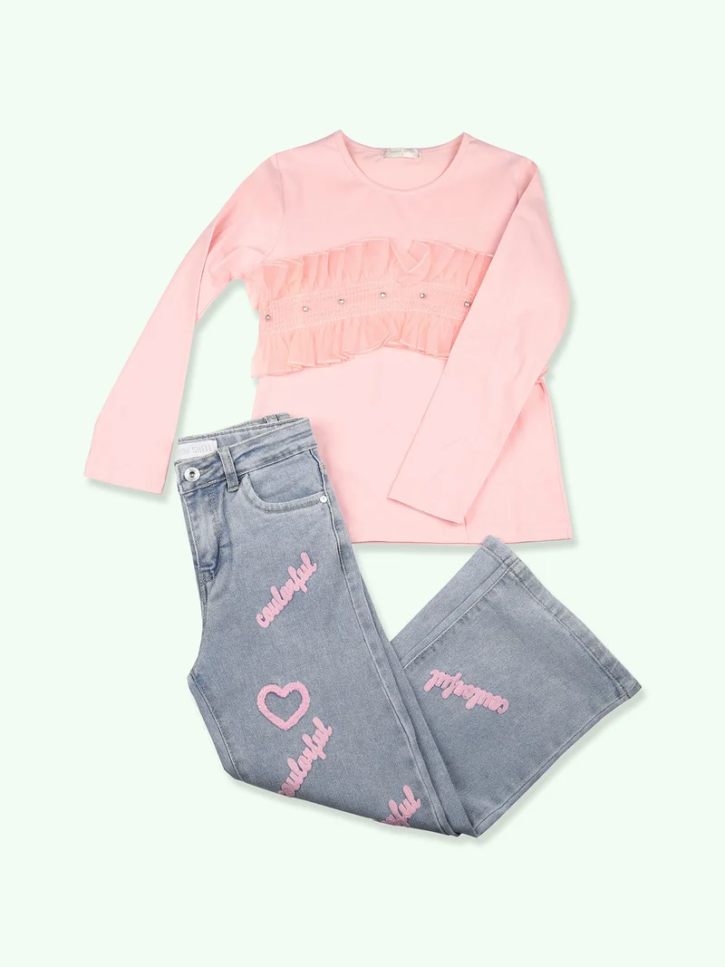 T-shirt da bambina a maniche lunghe con tulle e strass - rosa