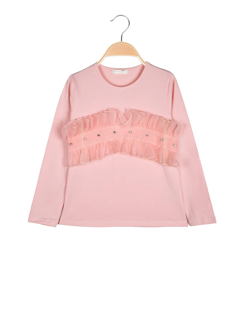 T-shirt da bambina a maniche lunghe con tulle e strass - rosa