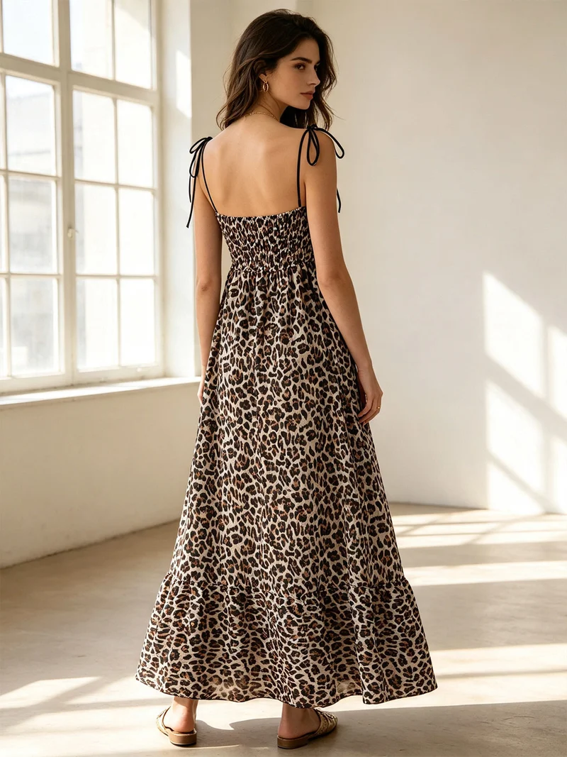 Abito donna animalier con spalline sottili annodate - multicolore