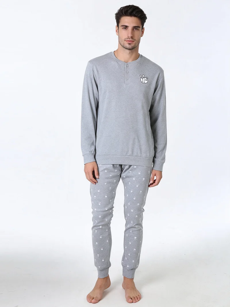 Pigiama lungo da uomo in cotone interlock con pantaloni con stampa birilli - grigio