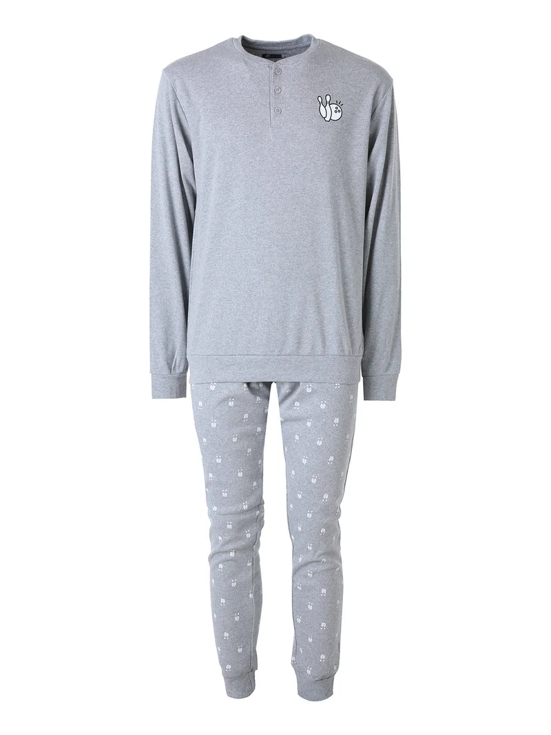Pigiama lungo da uomo in cotone interlock con pantaloni con stampa birilli - grigio