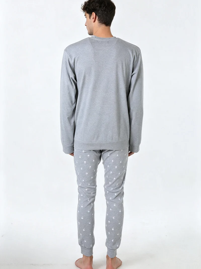 Pigiama lungo da uomo in cotone interlock con pantaloni con stampa birilli - grigio