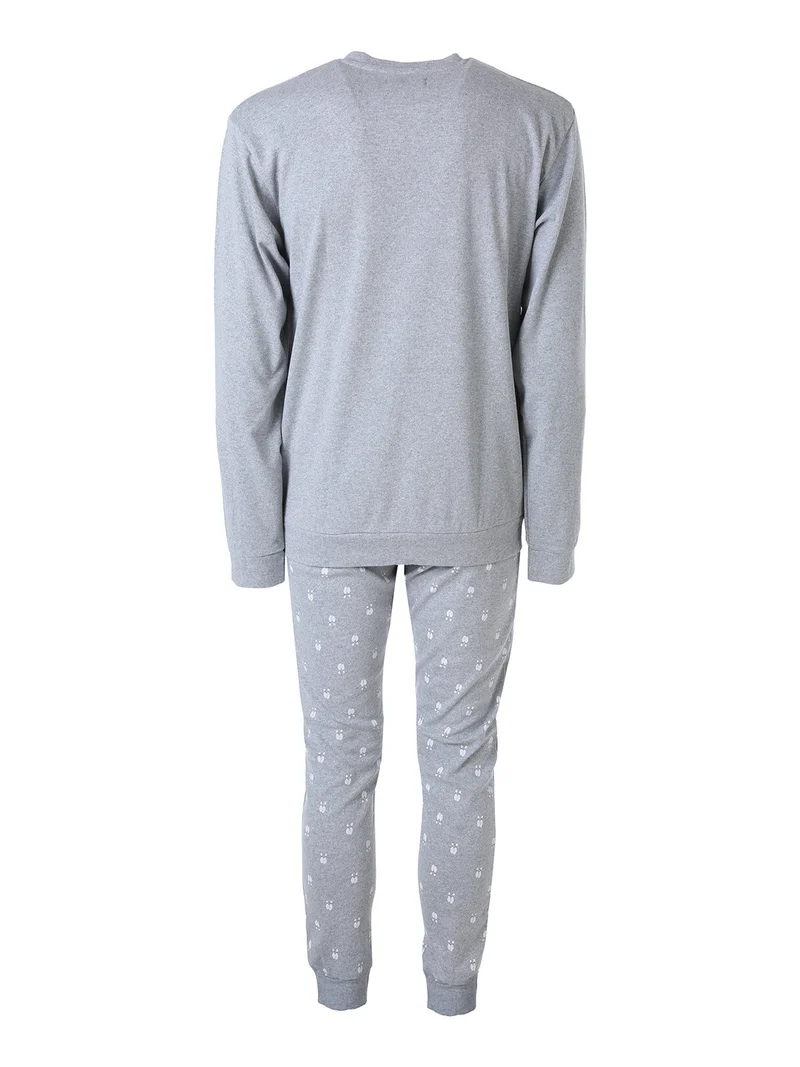 Pigiama lungo da uomo in cotone interlock con pantaloni con stampa birilli - grigio