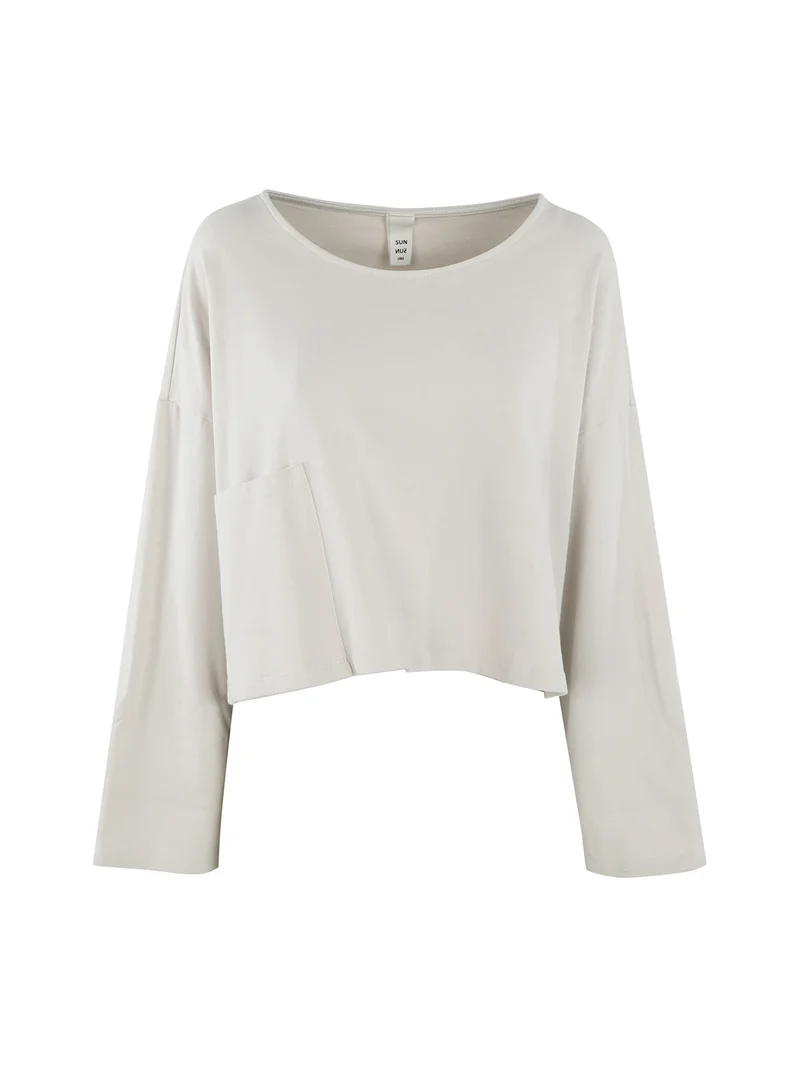 T-shirt cropped da donna con tasca - beige