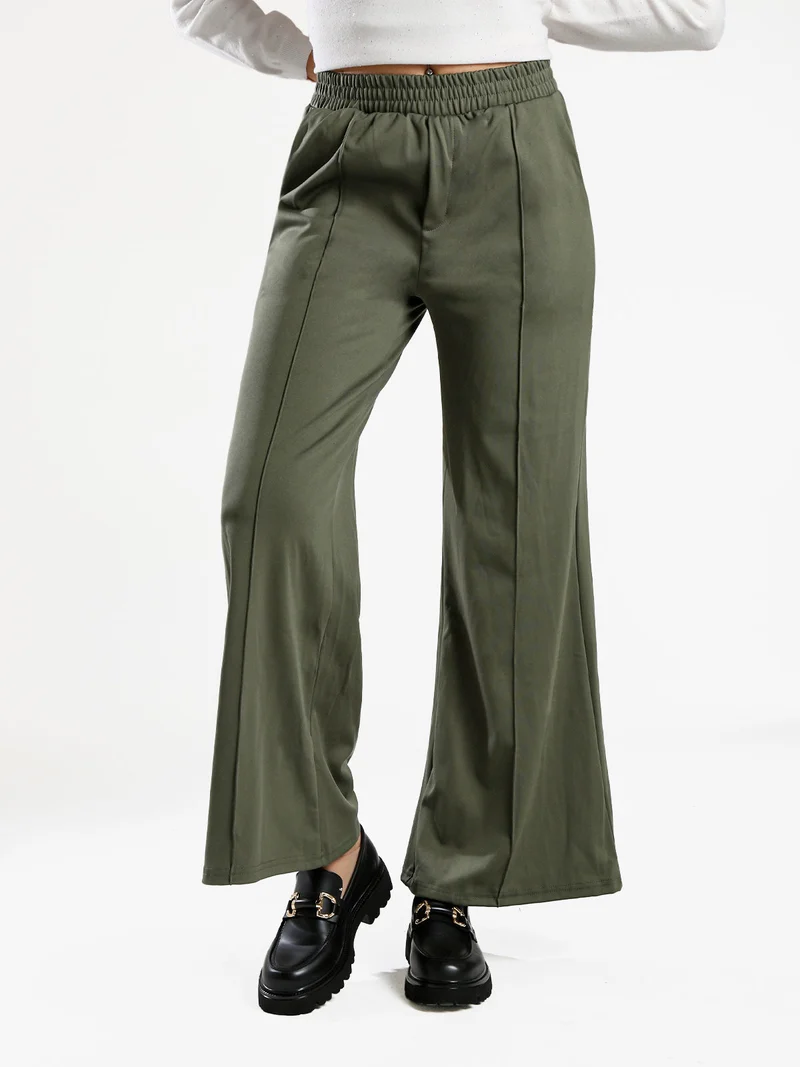 Pantaloni donna a gamba larga con interno in pile - oliva