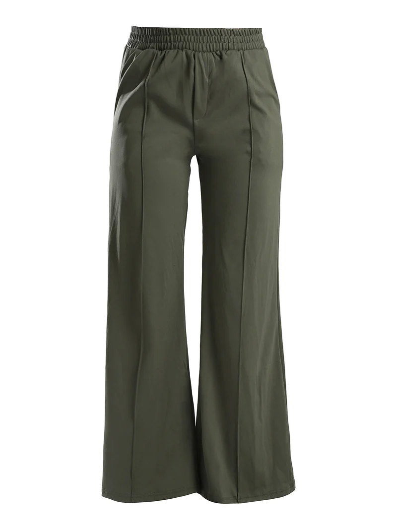 Pantaloni donna a gamba larga con interno in pile - oliva