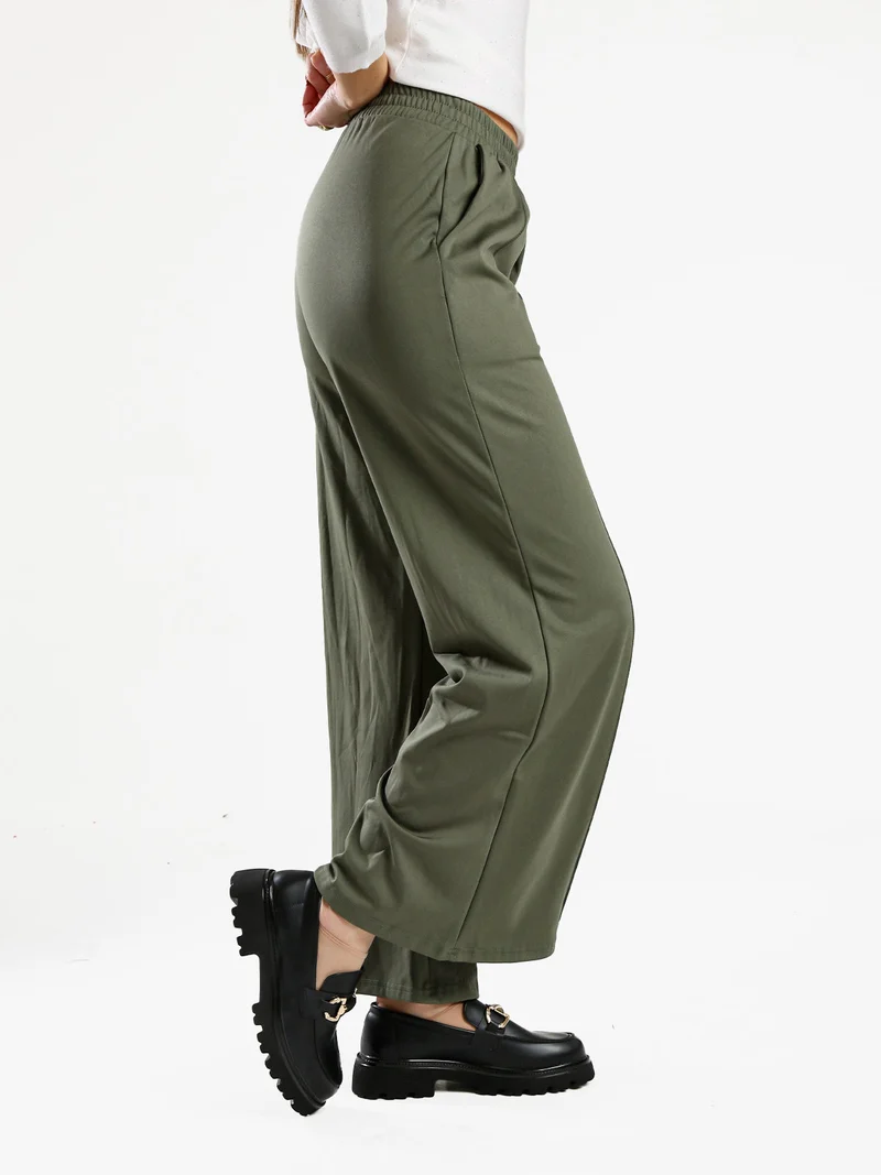 Pantaloni donna a gamba larga con interno in pile - oliva