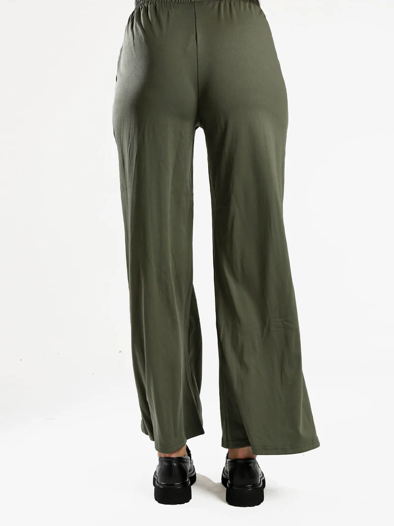 Pantaloni donna a gamba larga con interno in pile - oliva