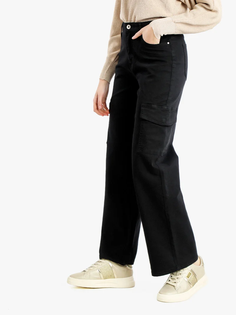 Pantaloni donna a gamba larga con tasconi - nero
